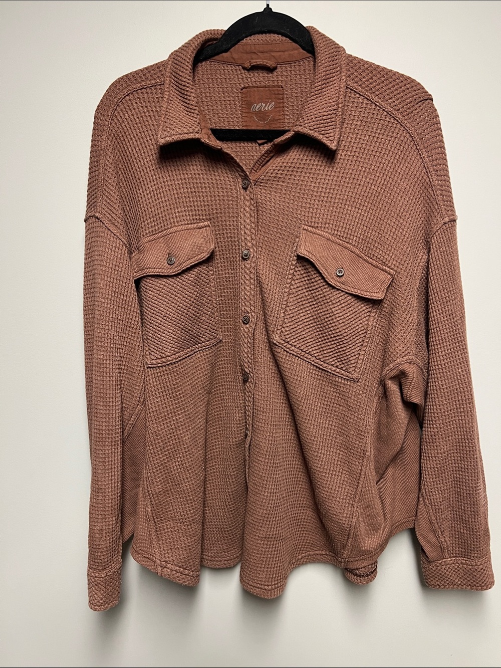 aerie Waffle Button-Down Shirt Jacket - Dusty brown